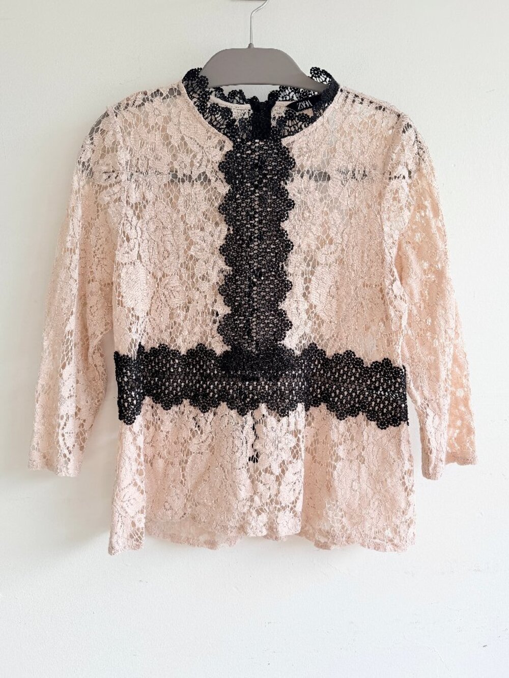 Zara Blush Pink Lace Blouse with Black Trim